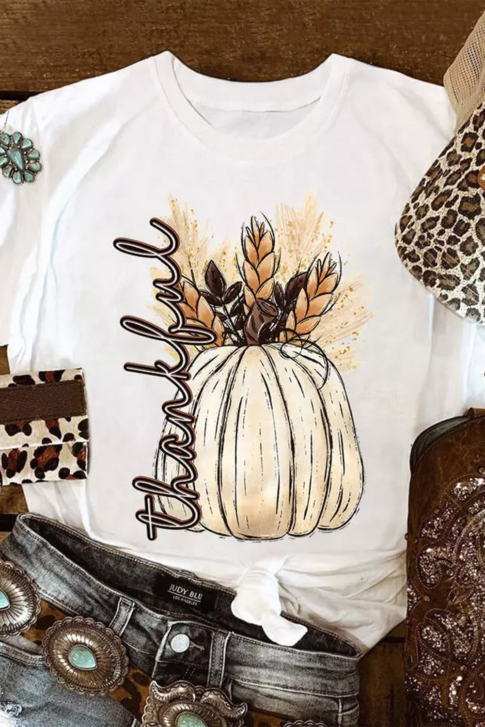 White Harvest Pumpkin Graphic Thanksgiving Tee - loveforevers
