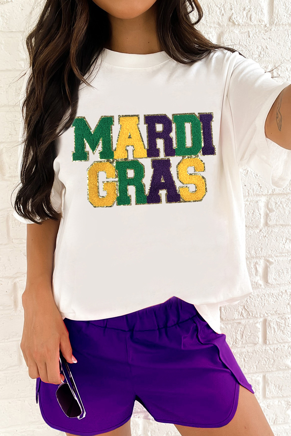 White Chenille MARDI GRAS Patched Graphic T Shirt - loveforevers