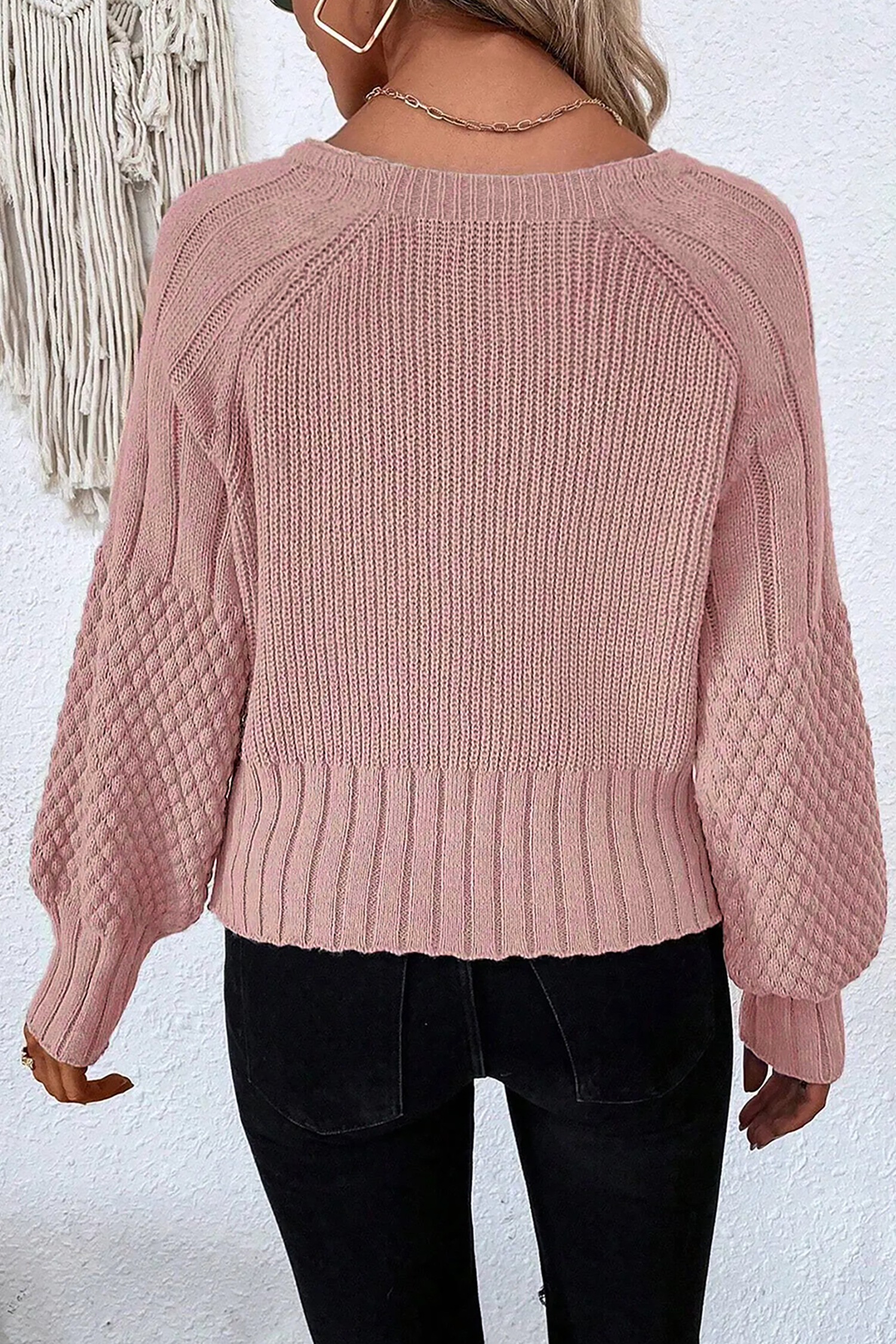Light Pink Mixed Texture Knit Button V Neck Sweater Cardigan - loveforevers