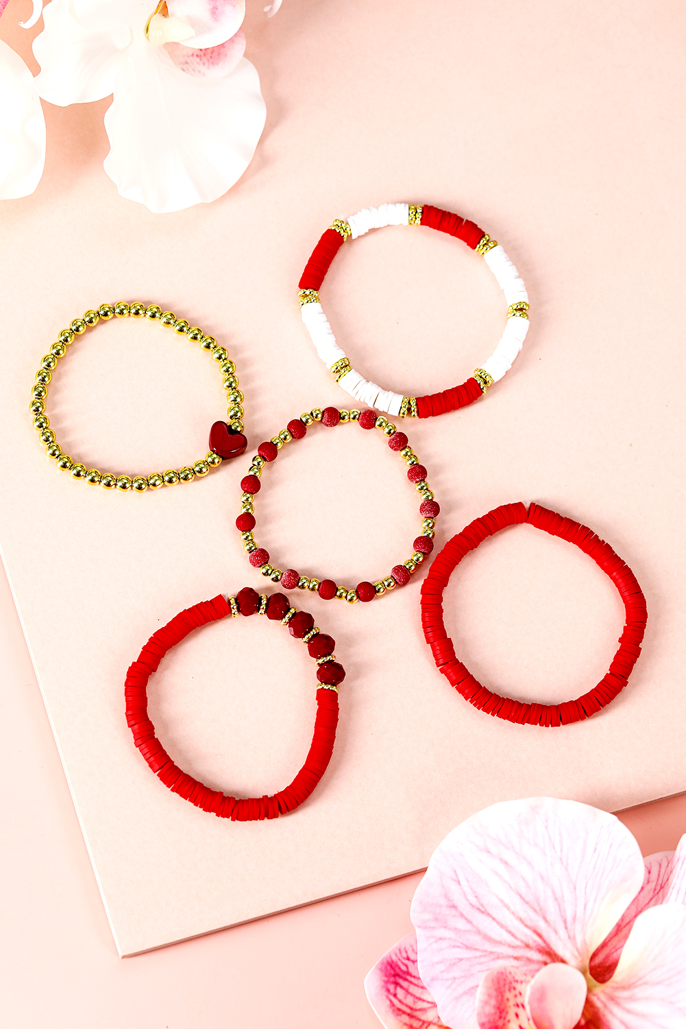 Fiery Red Heart Beaded Multi Layered Elastic Bracelet Set - loveforevers