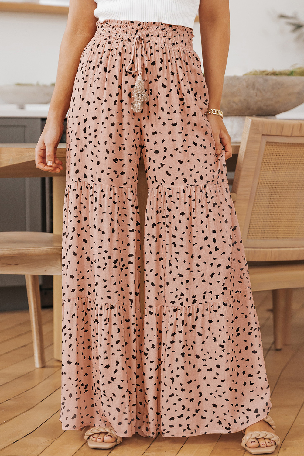 Brown Ruffle Wide Leg Dalmatian Palazzo Pants - loveforevers