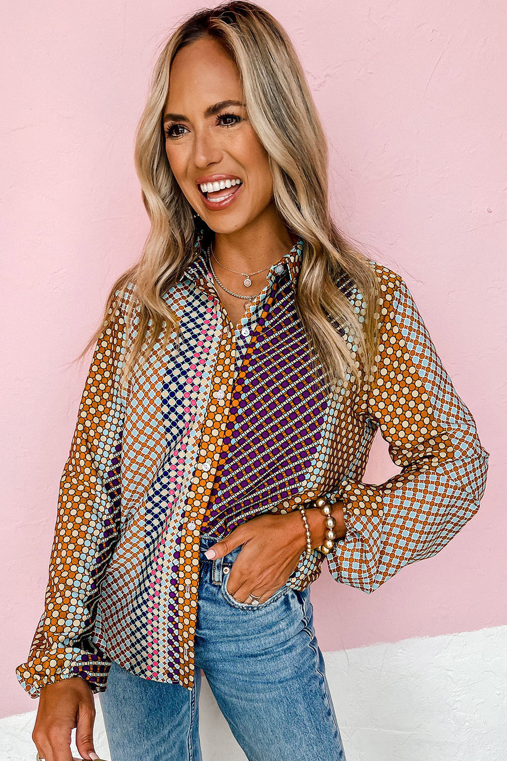 Brown Dot Print Long Sleeve Button Down Shift Shirt - loveforevers