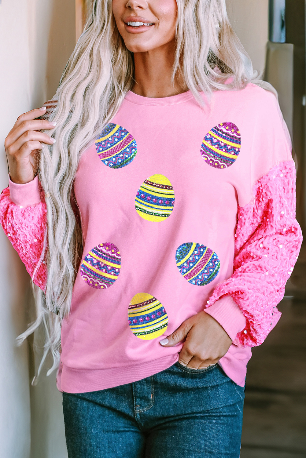 Pink Easter Egg Patched Sequin Sleeve Patchwork Crewneck Pullover Top - loveforevers