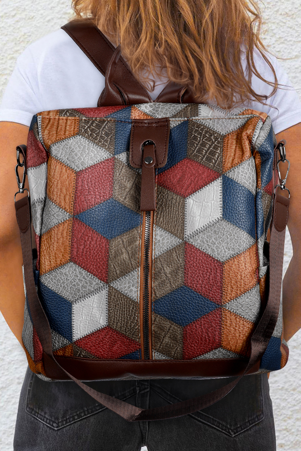 Chestnut Geometric Soft PU Leather Large Convertible Backpack - loveforevers