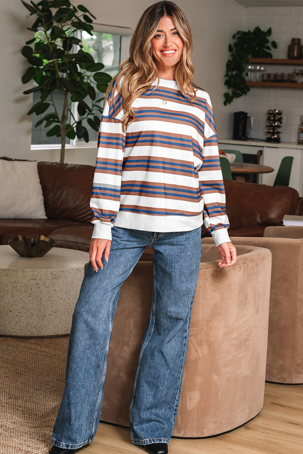 Khaki Stripe Crew Neck Drop Shoulder Pullover Sweatshirt - loveforevers