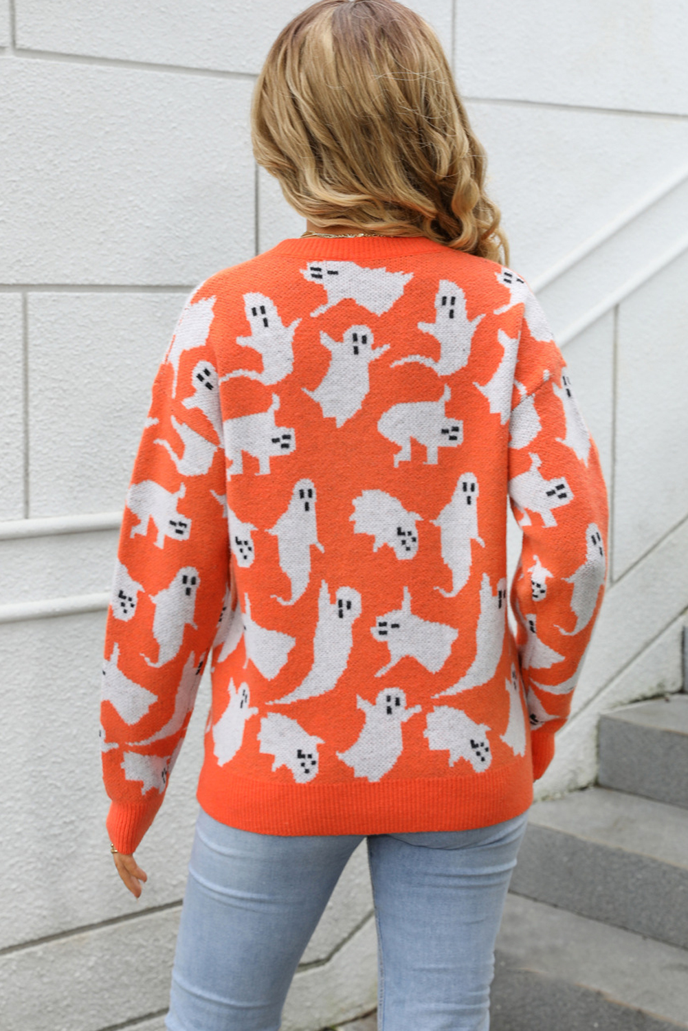 Black Halloween Ghost Allover Drop Shoulder Holiday Sweater - loveforevers