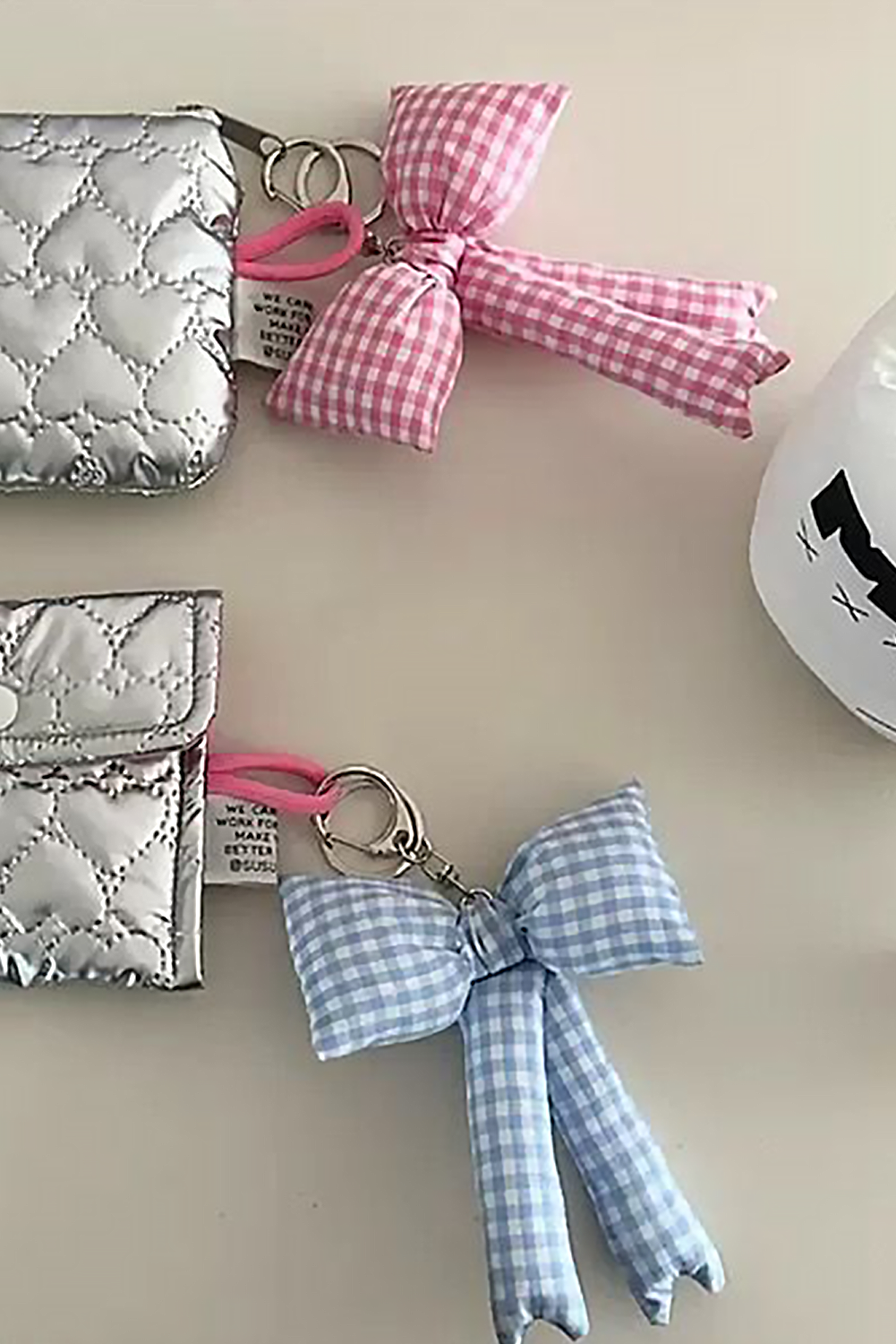 Pink Gingham Puffer Bow Knot Bag Pendant Keychain - loveforevers