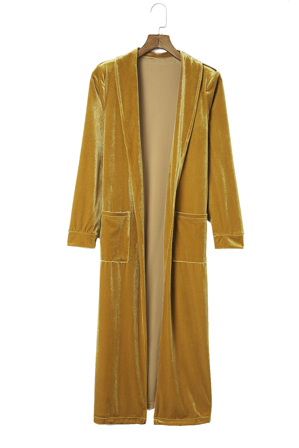 Yellow Velvet Open Front Pocketed Long Duster - loveforevers