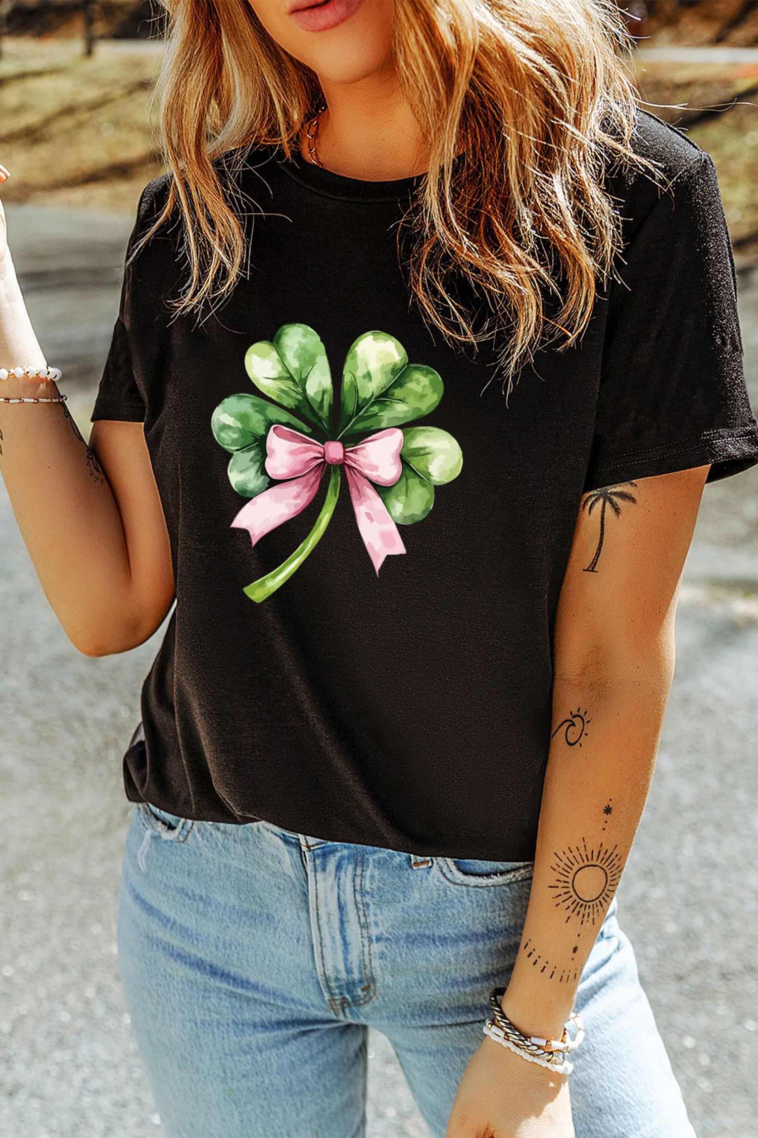 Black Cute Bow Knot Clover Printed Womens Casual Tee - loveforevers