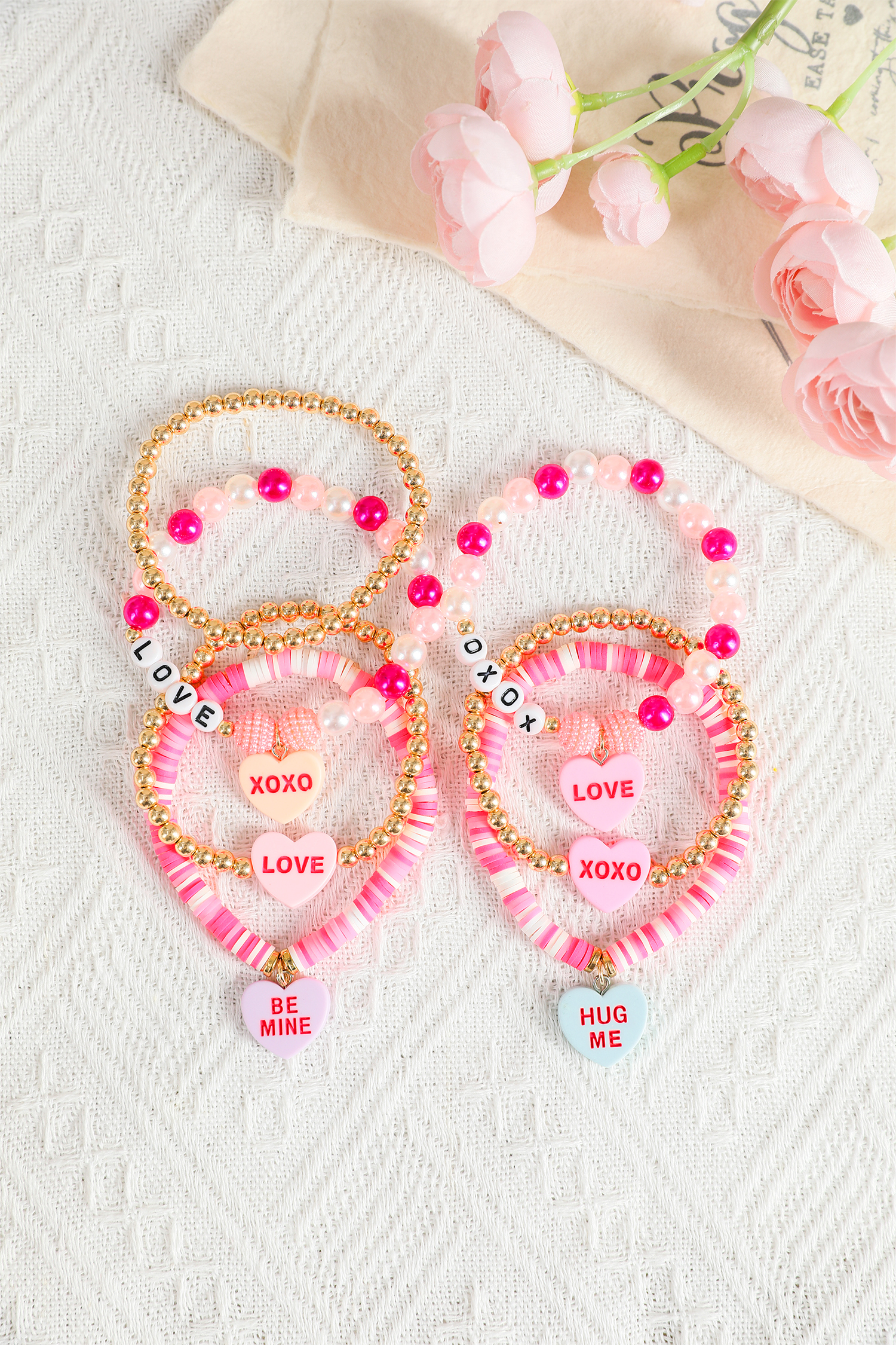 Bonbon Valentine Heart Pendant Beaded Elastic Bracelet Set - loveforevers