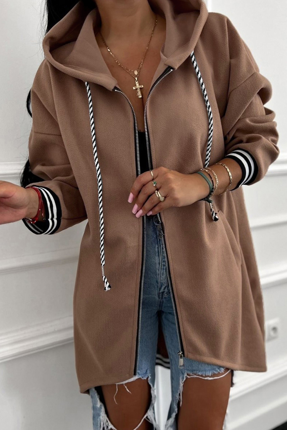 Racing Red Contrast Cuffed Drop Shoulder Zip up Tunic Hoodie - loveforevers