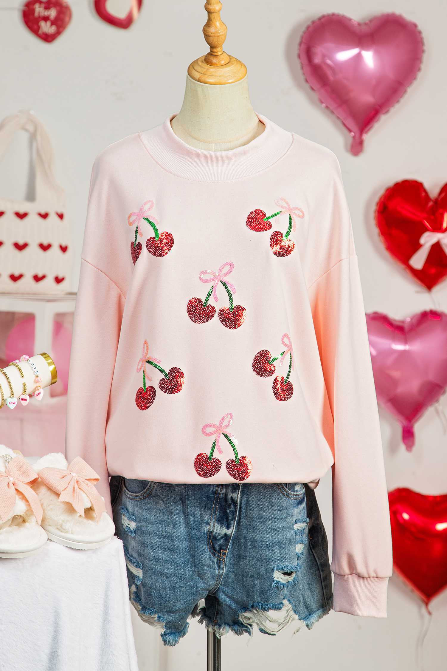 Apricot Pink Cowgirl Element Embroidered Detail Mock Neck Sweatshirt - loveforevers