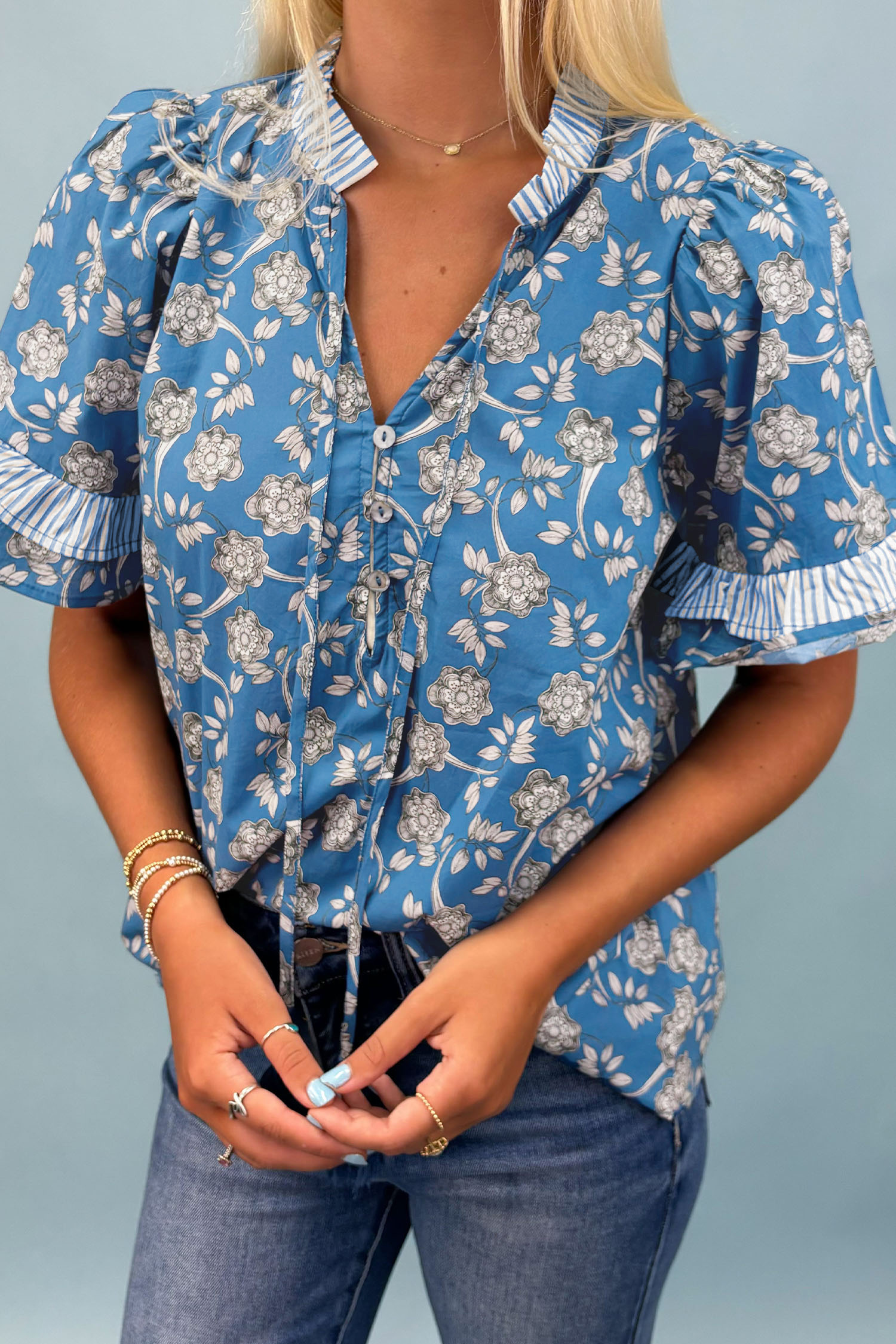 Blue Floral Print Button Tie Neck Striped Detail Short Sleeve Blouse - loveforevers