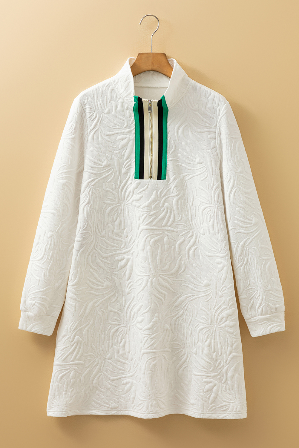 White Jacquard Textured Quarter Zipper Shift Mini Dress - loveforevers
