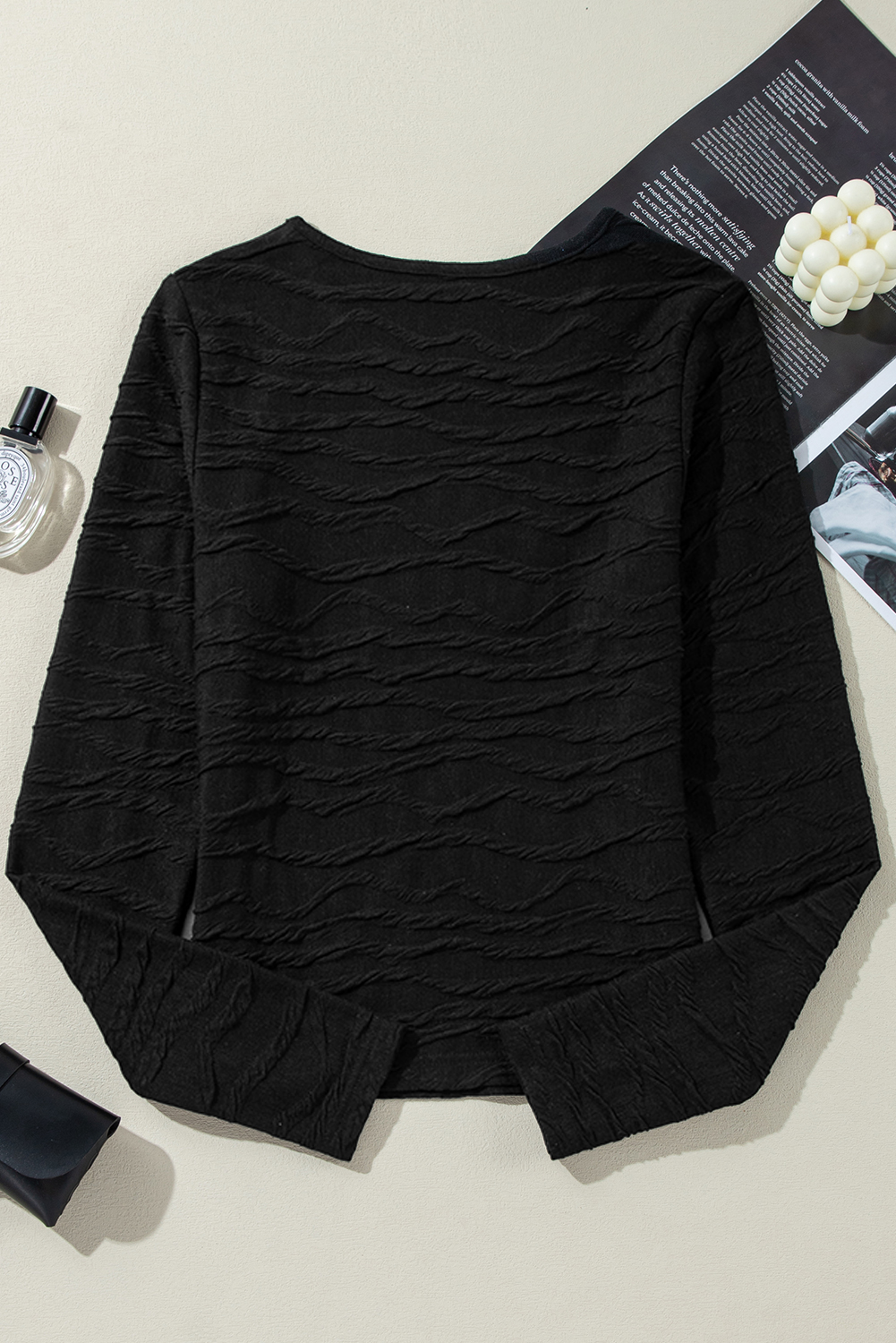 Black Solid Wavy Textured Slim Fit Long Sleeve T Shirt - loveforevers