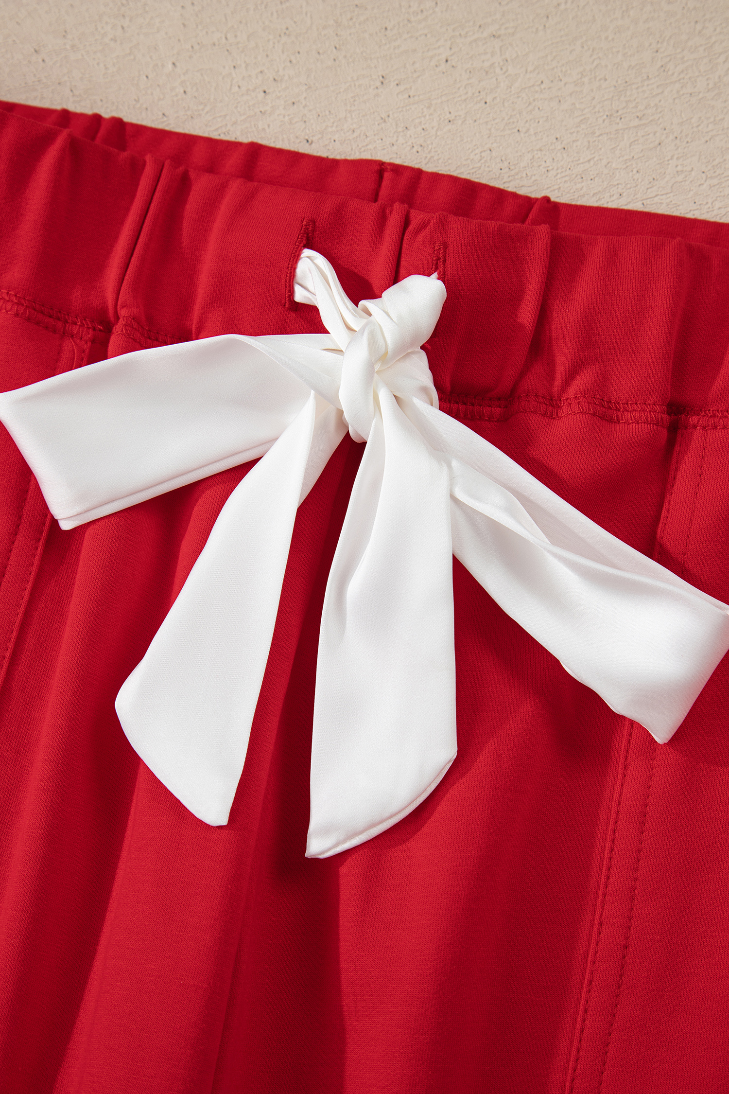 Fiery Red Contrast Trim Button V Neck Ribbon Bow Knot Waist 2pcs Lounge Pant Set - loveforevers