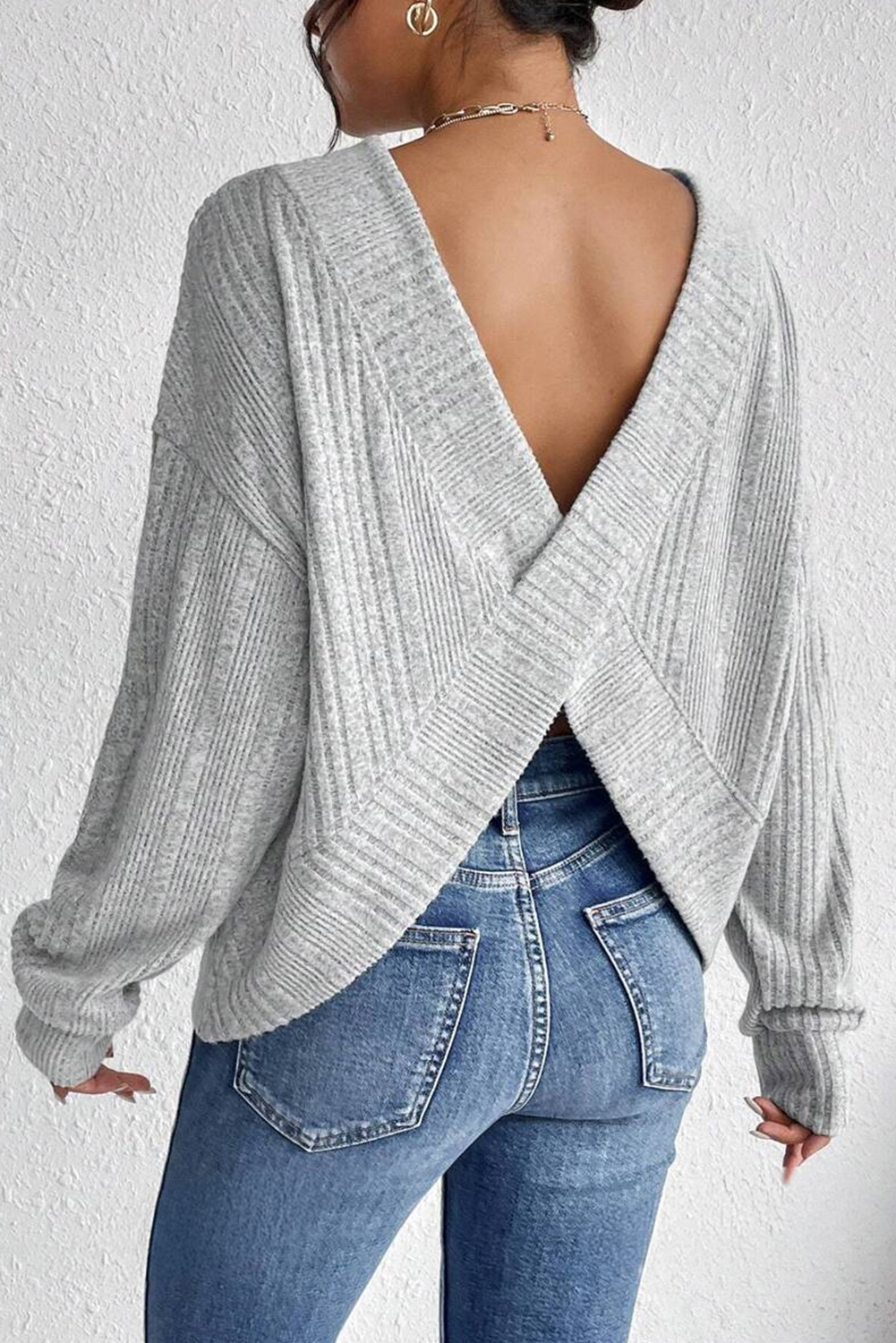 Light Grey Textured Crossover Backless Knit Long Sleeve Top - loveforevers
