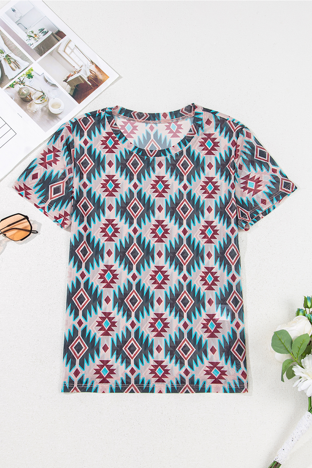 Blue Western Aztec Print Mesh Slim T Shirt - loveforevers