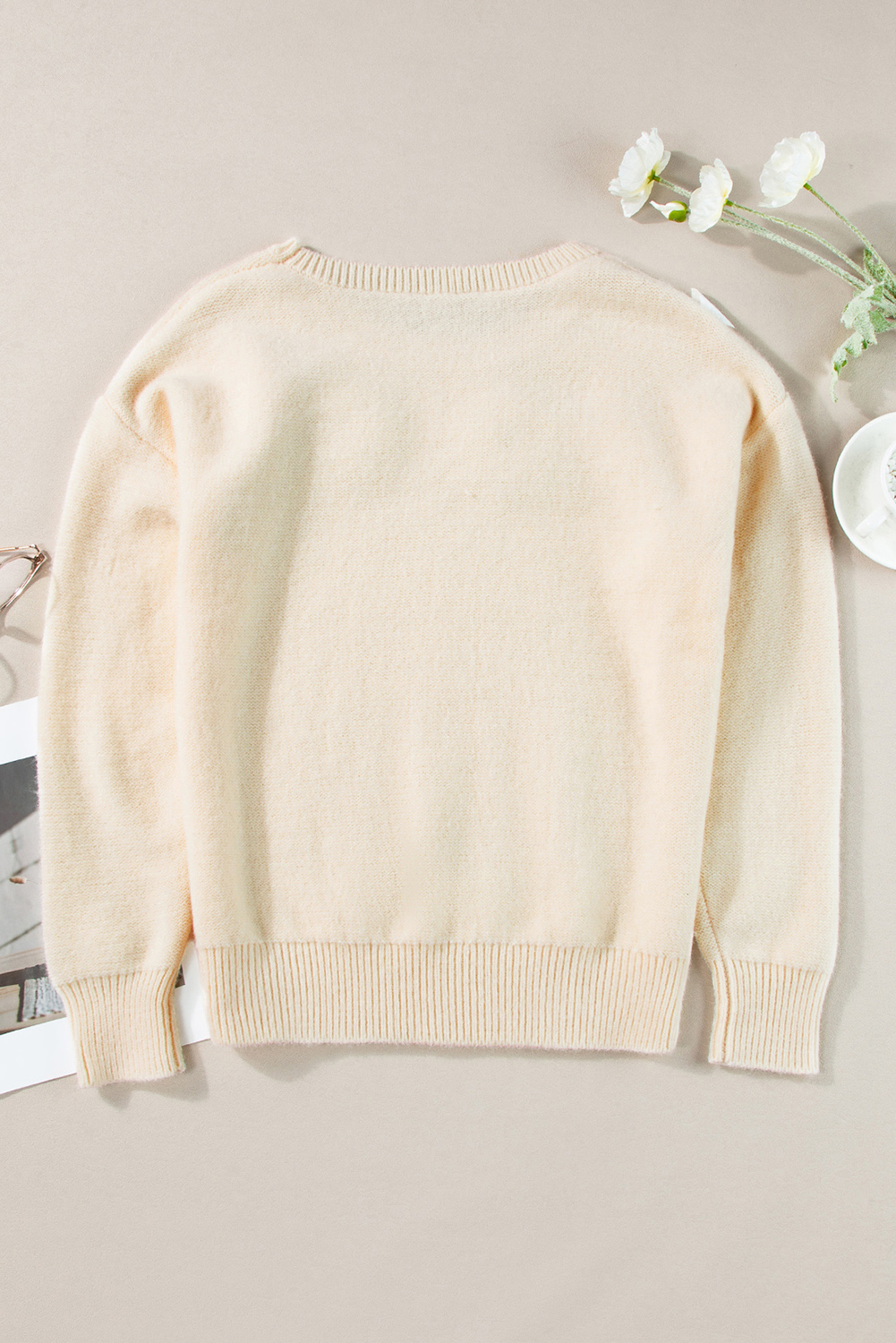 Pink Knitted Flower Pattern Ribbed Edge Sweater - loveforevers