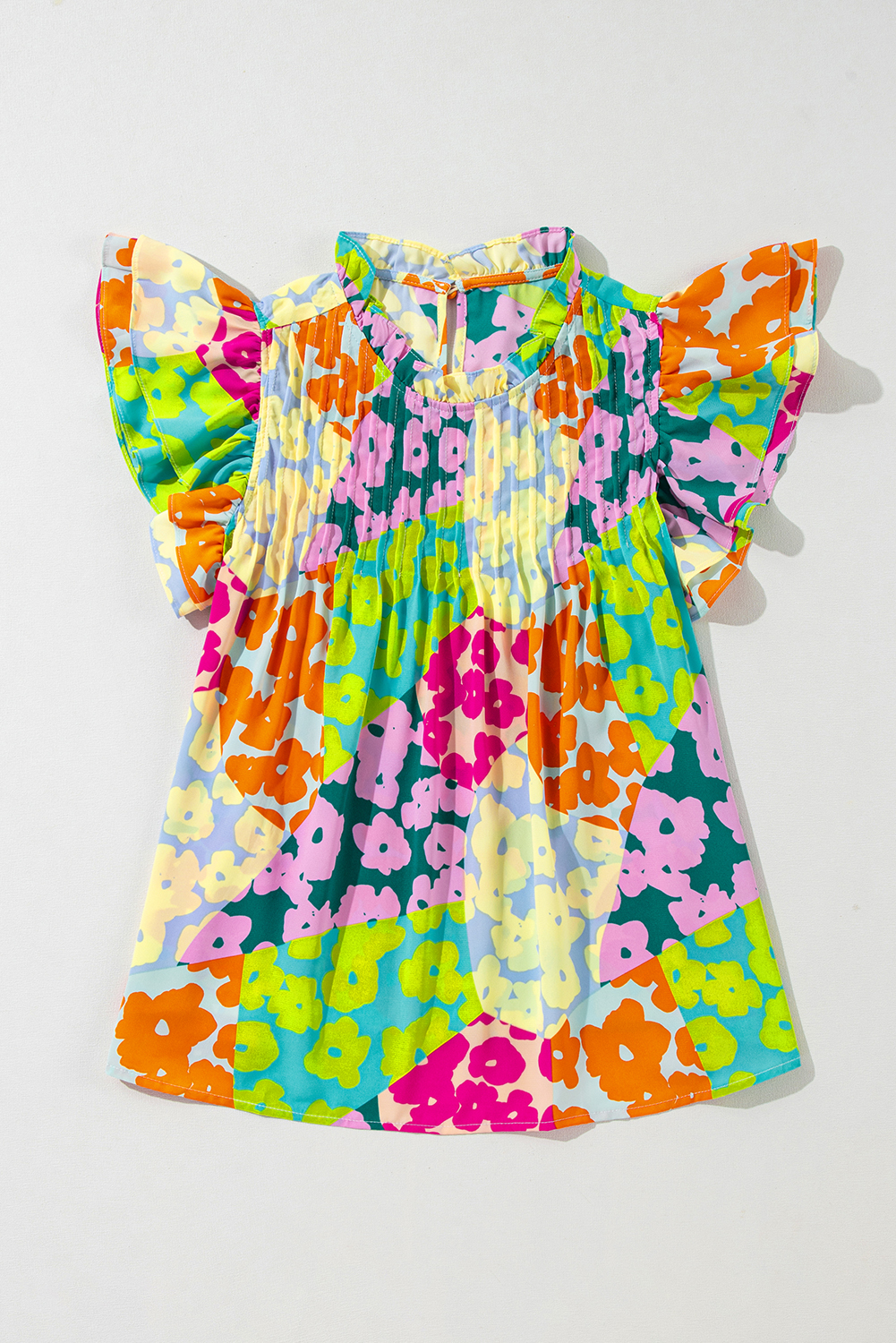 Multicolour Abstract Print Pleated Flutter Sleeve Blouse - loveforevers