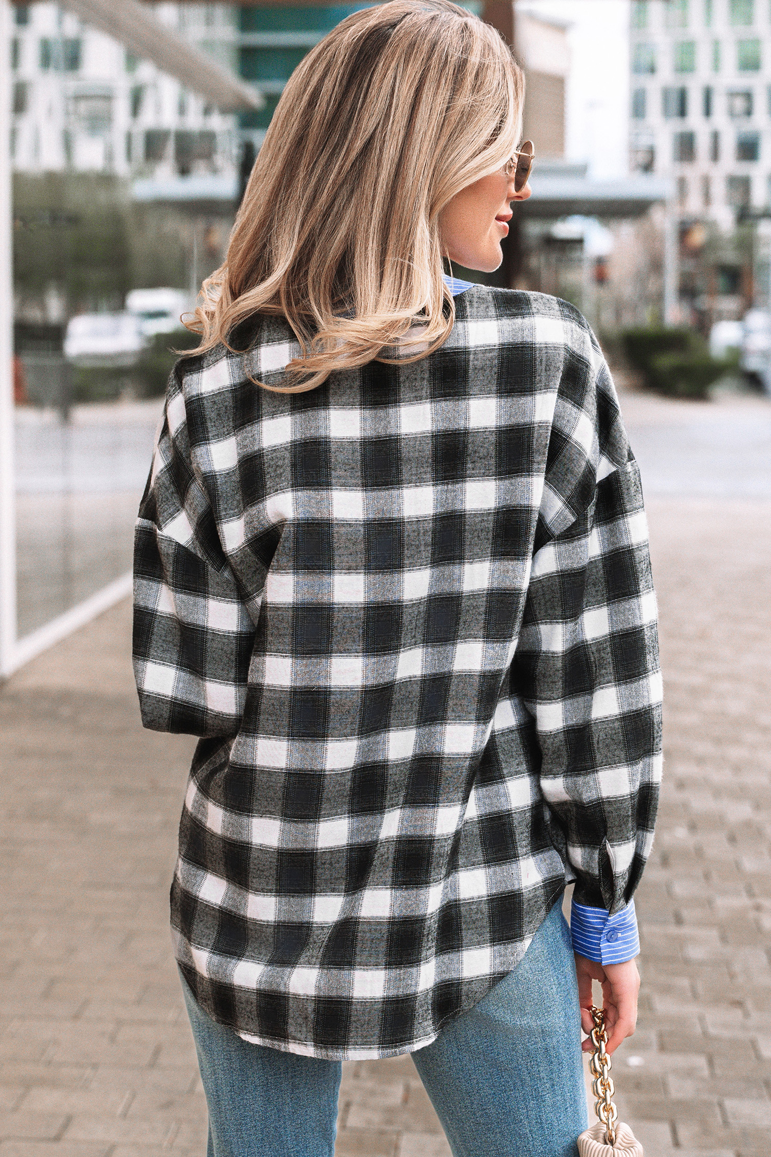 Black Contrast Striped Edge Half Placket Plaid Blouse - loveforevers