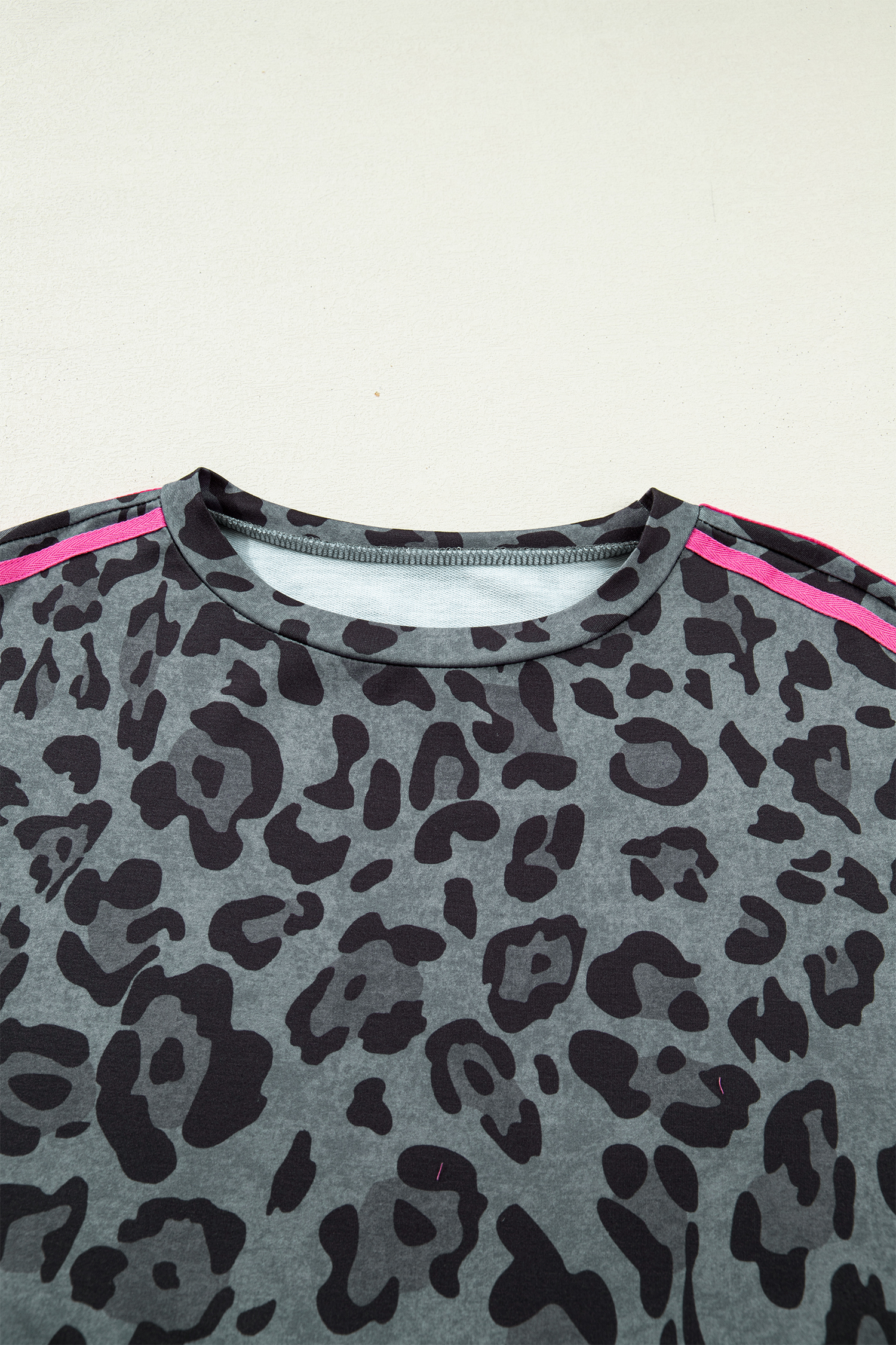 Gray Leopard Print Varsity Striped Trim Long Sleeve Top - loveforevers