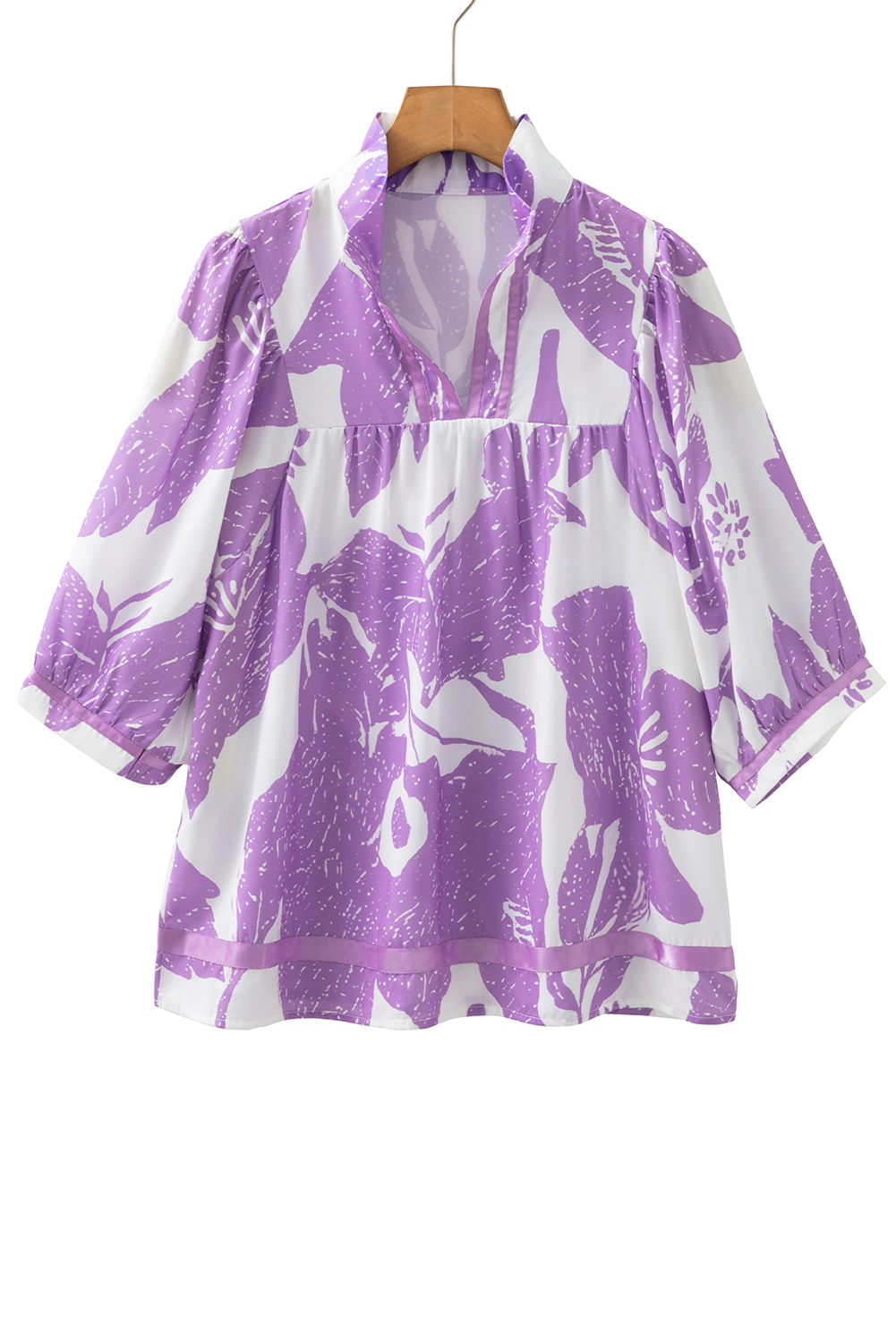 Purple Leafy Print 3/4 Sleeve Striped Trim Split Neck Blouse - loveforevers