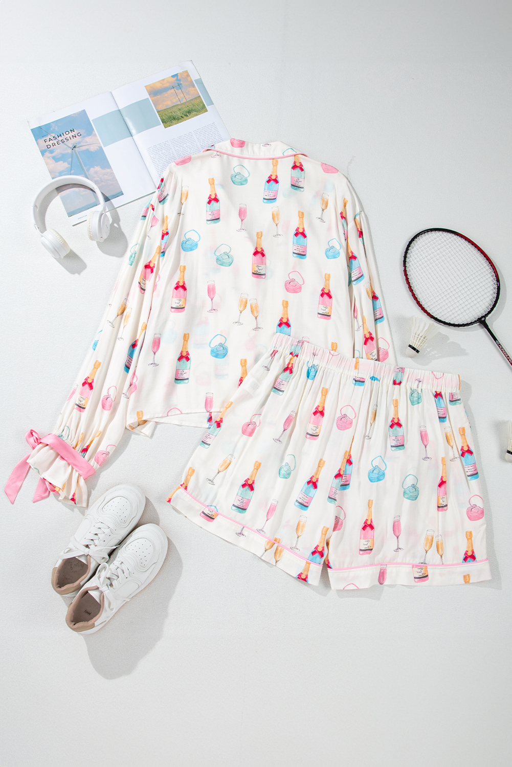 White Christmas Wine Glass Print Bow Knot Two Piece Pajama Set - loveforevers