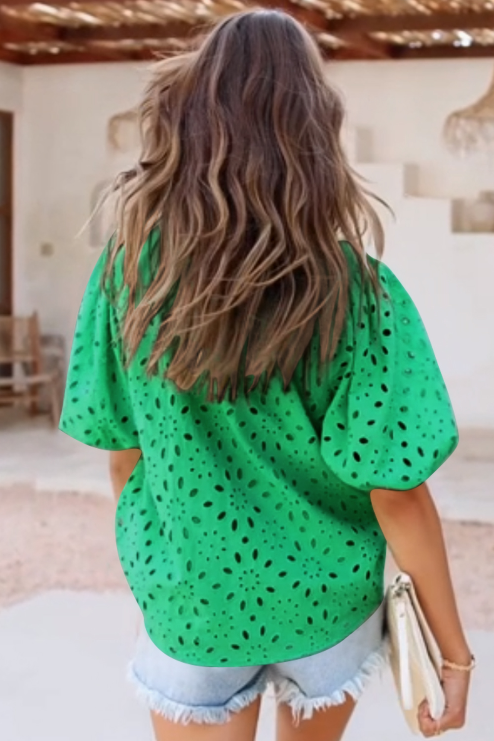 Green Flower Embroidered Hollow-out Puff Sleeve Blouse - loveforevers