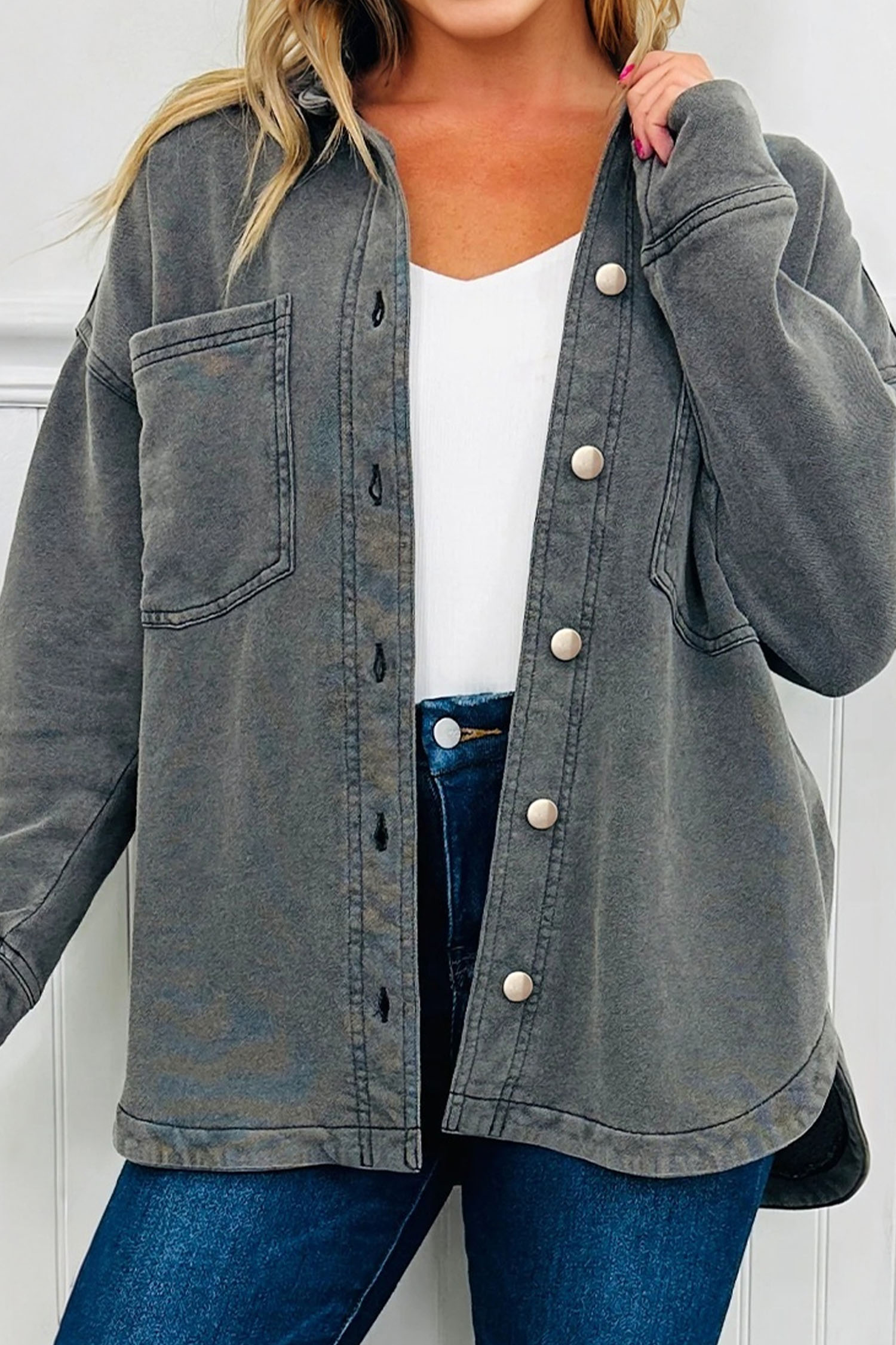 Medium Grey Mineral Wash Chest Pockets Drop Shoulder Shacket with Side Slit - loveforevers
