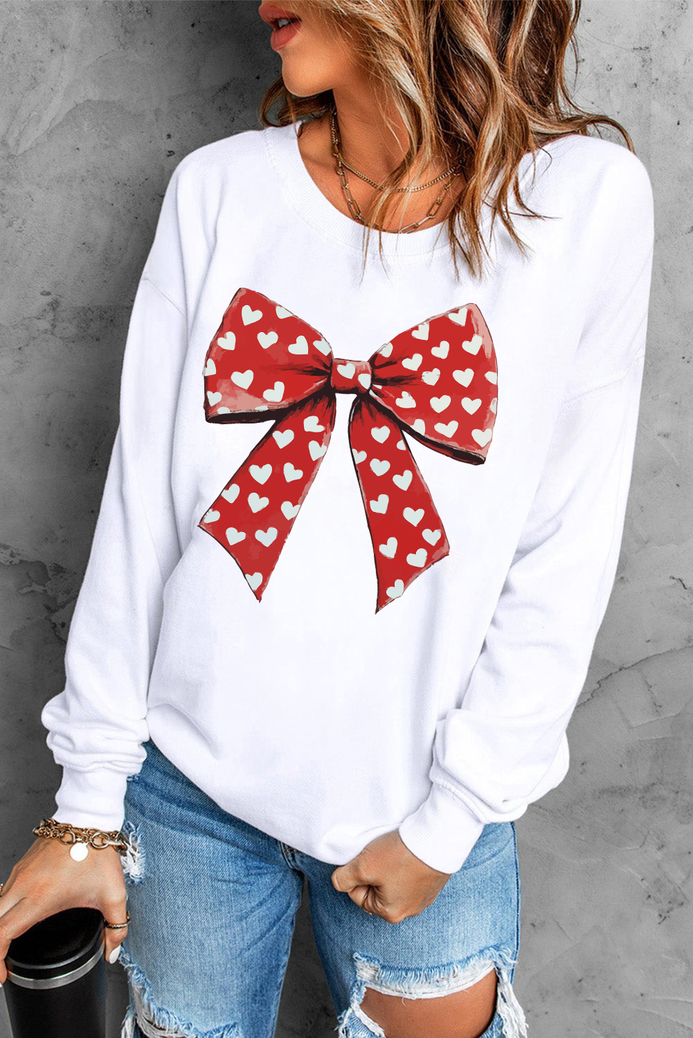 White Heart Bow Printed Round Neck Valentines Pullover Sweatshirt - loveforevers