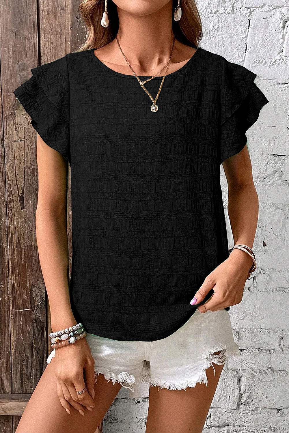 Dark Green Textured Ruffled Sleeve Round Neck Top - loveforevers