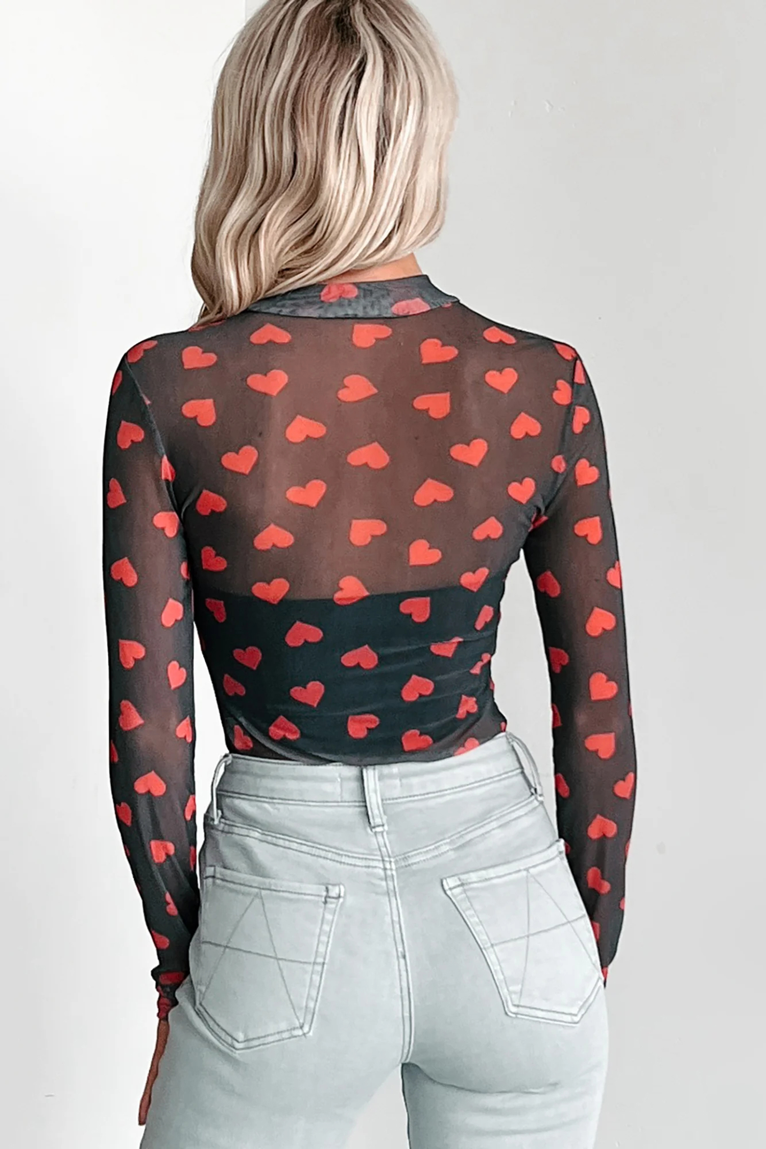 Black Valentines Heart Printed Sheer Mesh Long Sleeve Top - loveforevers
