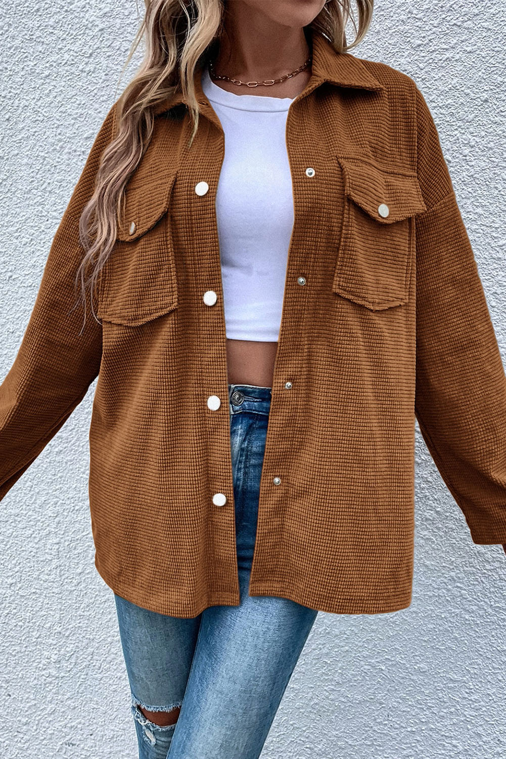 Brown Textured Flap Pocket Drop Shoulder Shacket - loveforevers