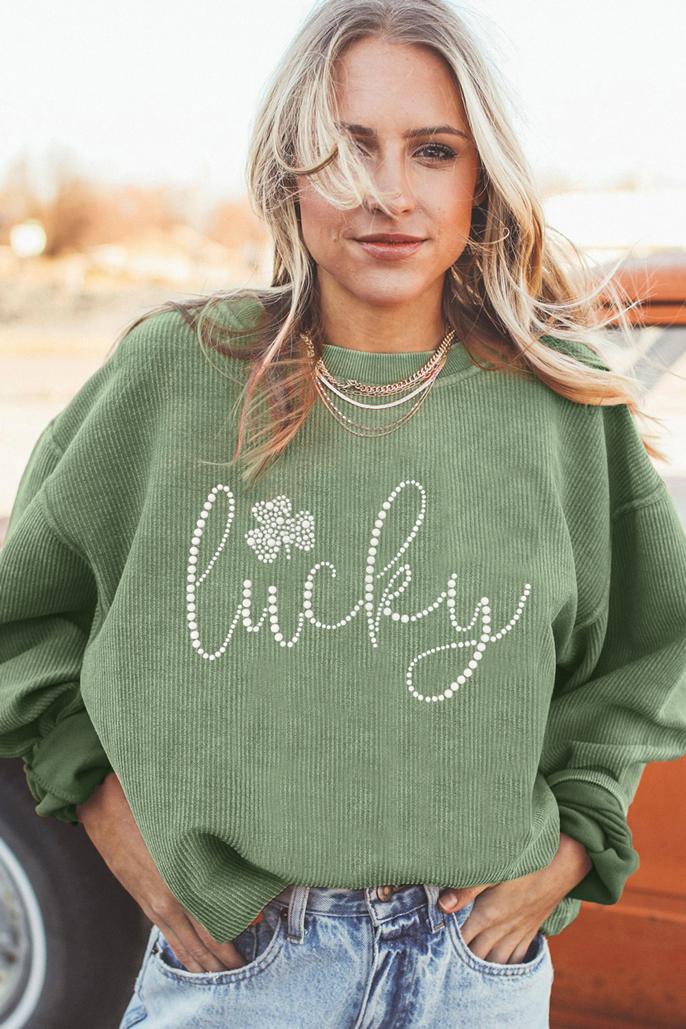 Grass Green Rhinestone lucky Clover Graphic Ribbed St Patrick Sweatshirt - loveforevers