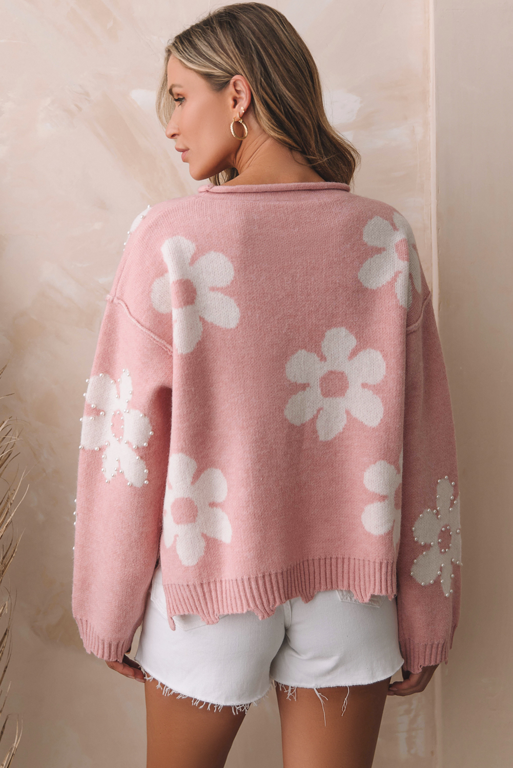 Bonbon Pearl Beaded Heart Drop Shoulder Sweater - loveforevers