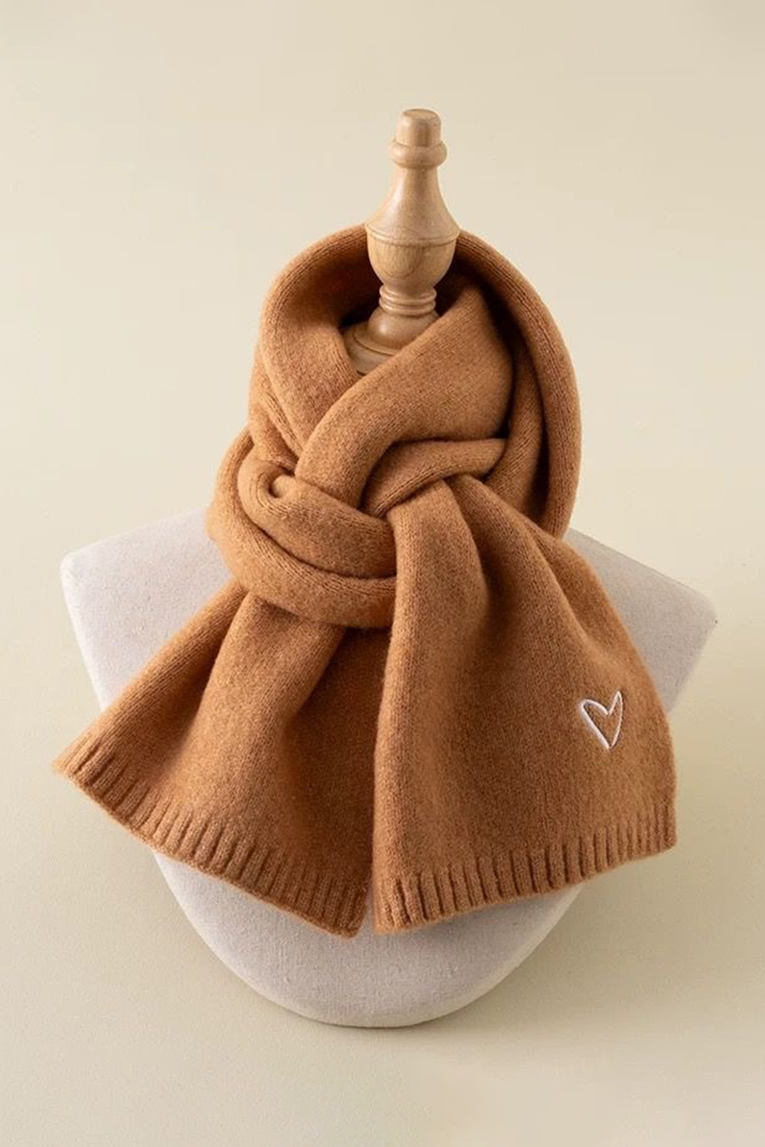 Thai Curry Tiny Heart Embroidered Detail Ribbed Trim Warm Knit Scarf - loveforevers