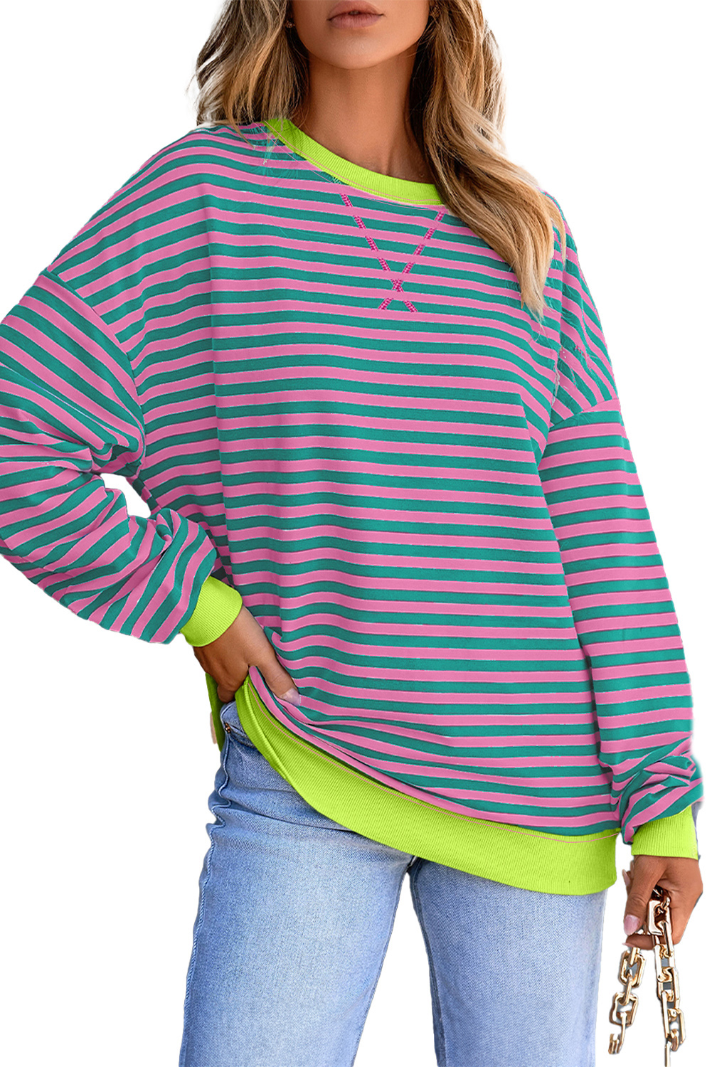 Red Stripe Contrast Ribbed Trim Crossed Stitch Drop Shoulder Sweatshirt - loveforevers