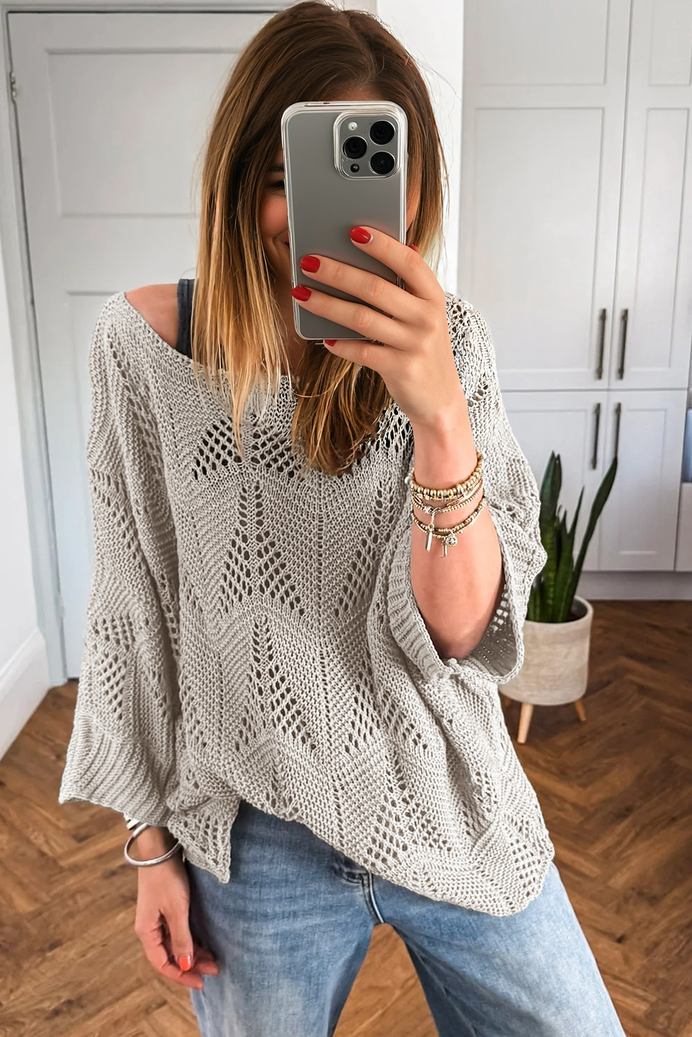 Navy Blue Hollow Out Knit 7/8 Sleeve Casual Sweater - loveforevers