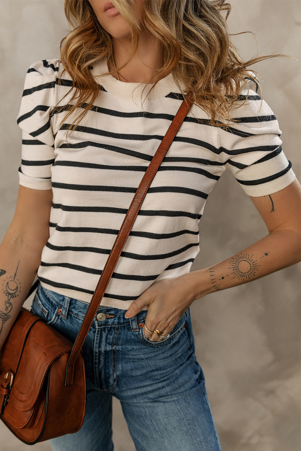Blue Stripe Ribbed Trim Round Neck Bubble Sleeve Knitted Top - loveforevers