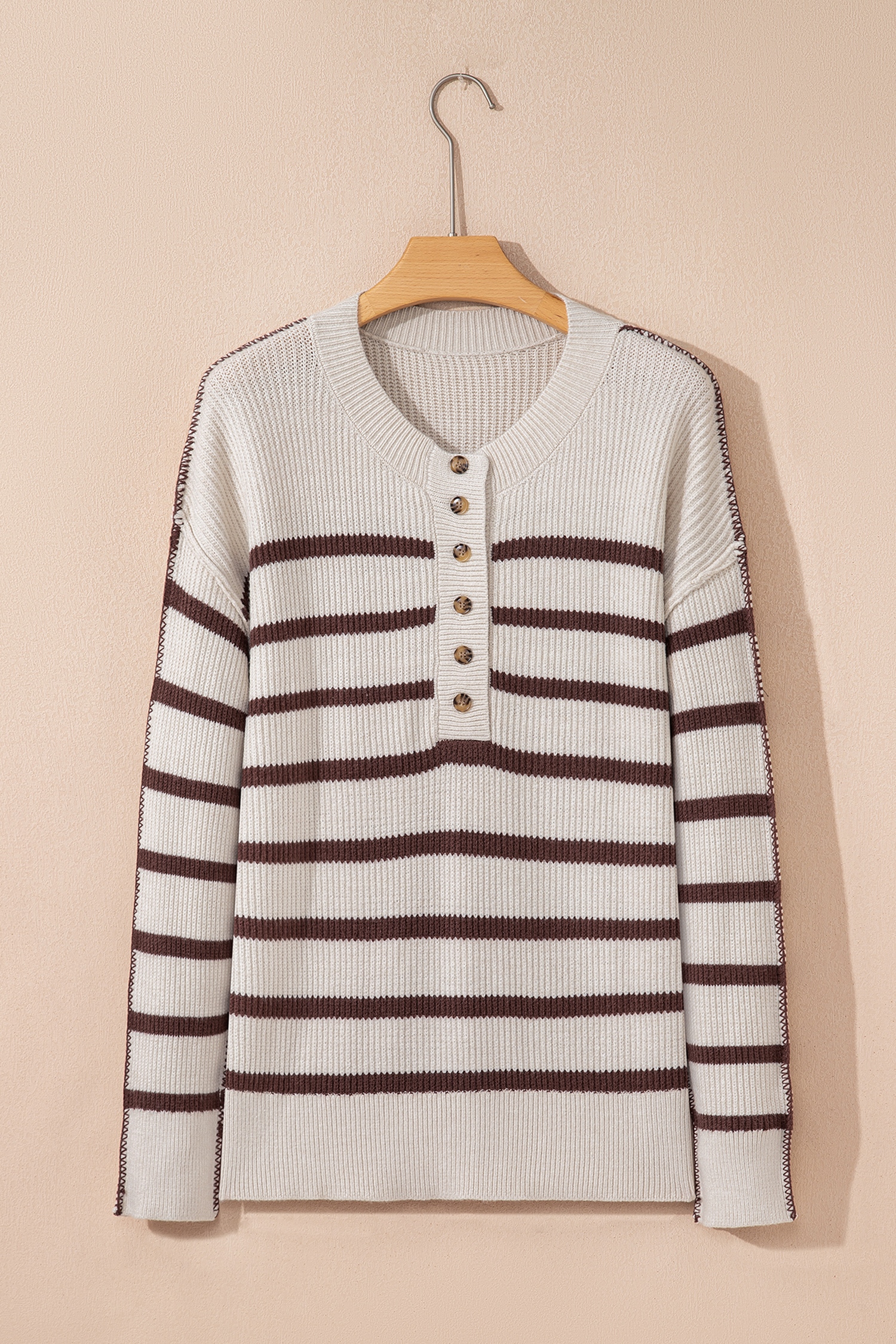 Brown Stripe Ribbed Henley Drop Shoulder Slouchy Sweater - loveforevers