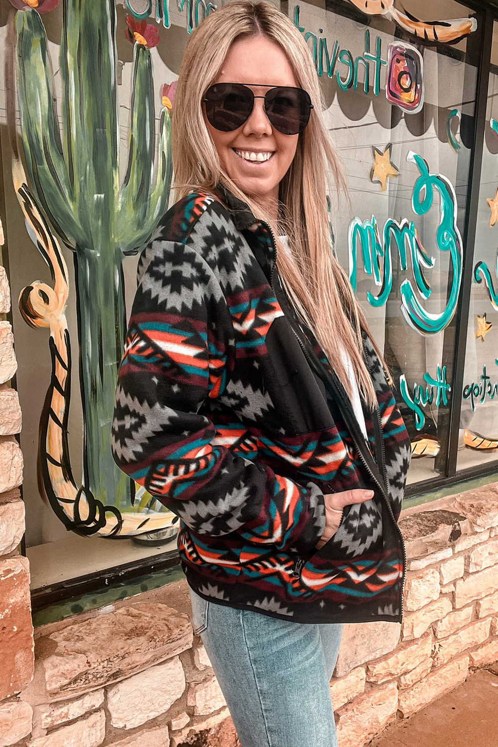 Black Aztec Printed Zip Up Collar Jacket - loveforevers