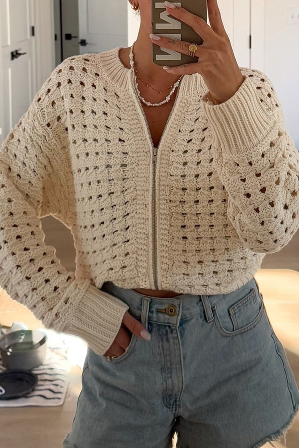 Beige Hollowed Pattern Knit Zip Up Drop Shoulder Sweater Cardigan - loveforevers