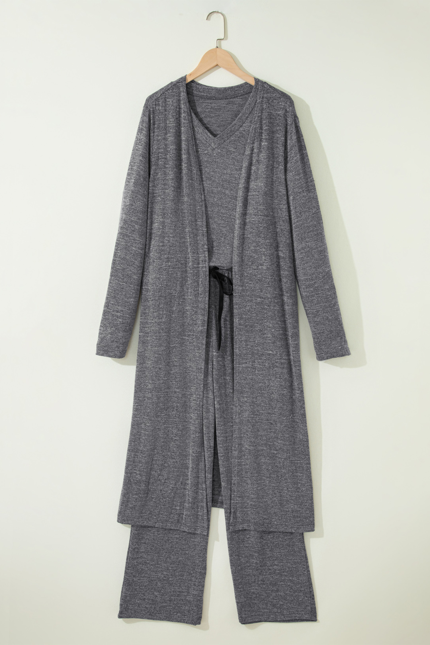 Delicacy 3pcs V Neck T Shirt Ribbon Knot Pants Open Duster 3pcs Lounge Set - loveforevers