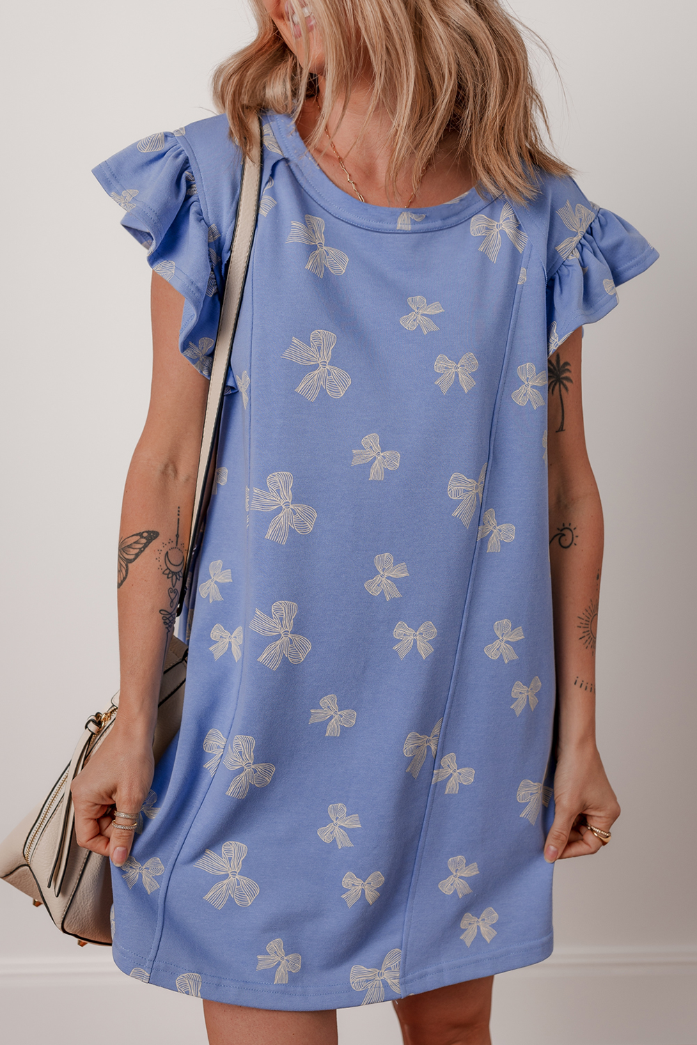 Sky Blue Bow Knot Print Crewneck Ruffled Sleeve Shift Mini Dress - loveforevers