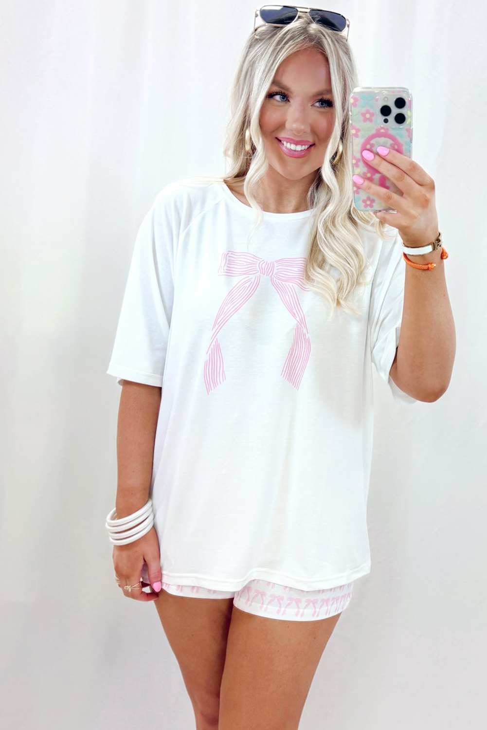 Pink Bow Knot Print Loose Fit Two Piece Casual Lounge Set - loveforevers