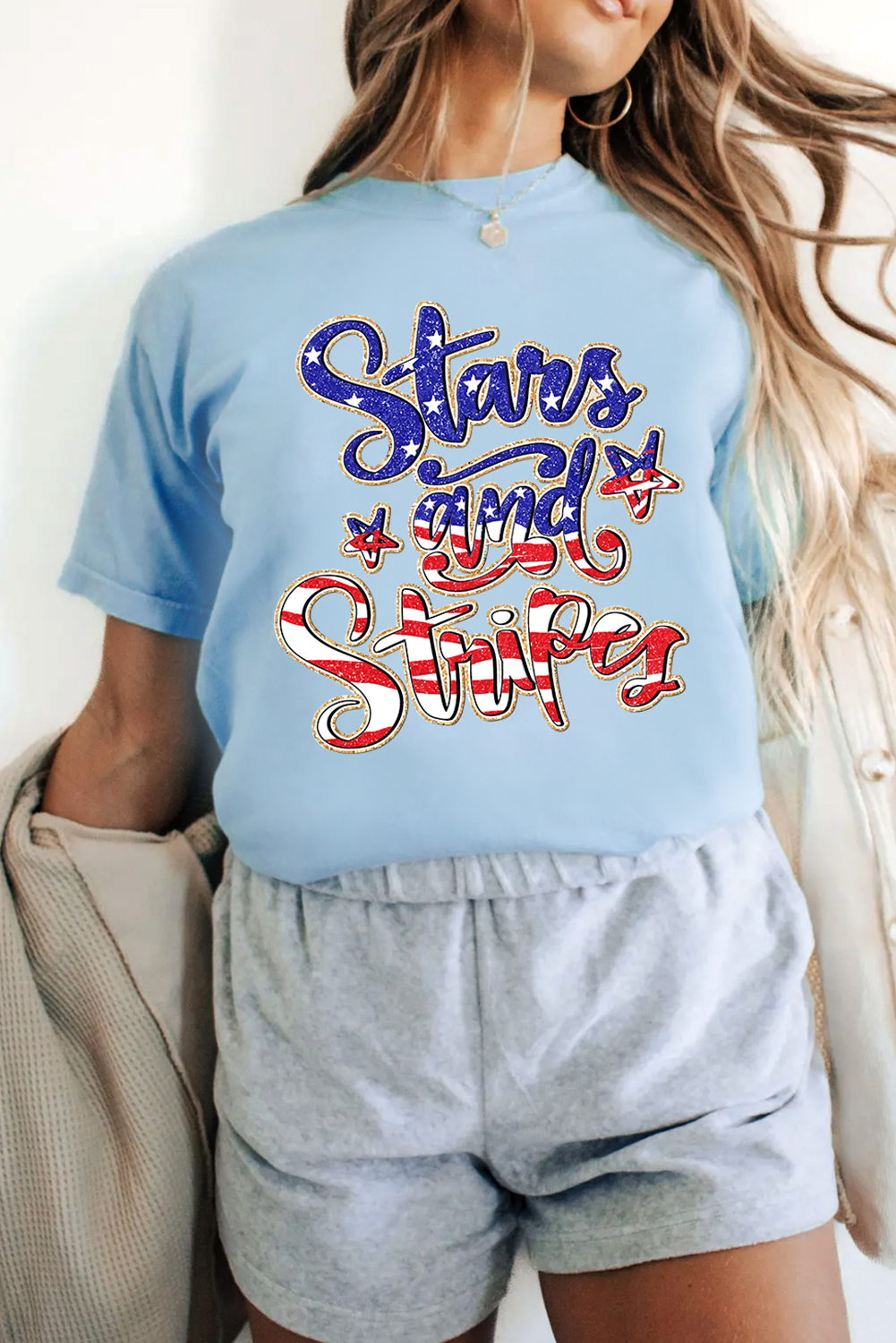 Light Blue Stars and Stripes Graphic July 4th Patriotic Tee - loveforevers
