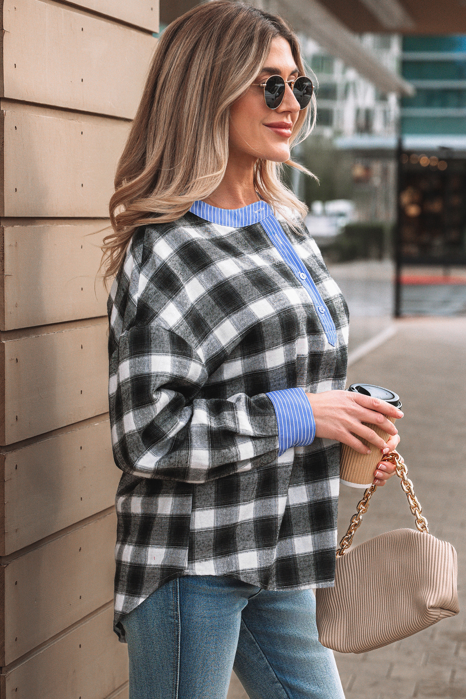Black Contrast Striped Edge Half Placket Plaid Blouse - loveforevers