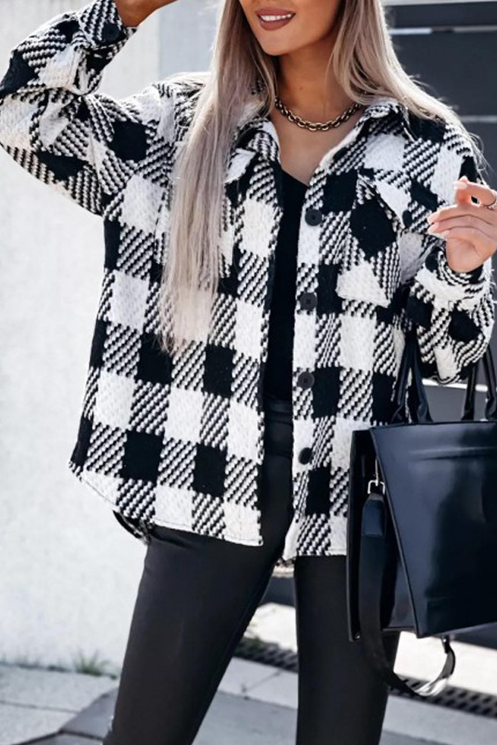 Black Plaid Textured Flap Pocket Shacket - loveforevers