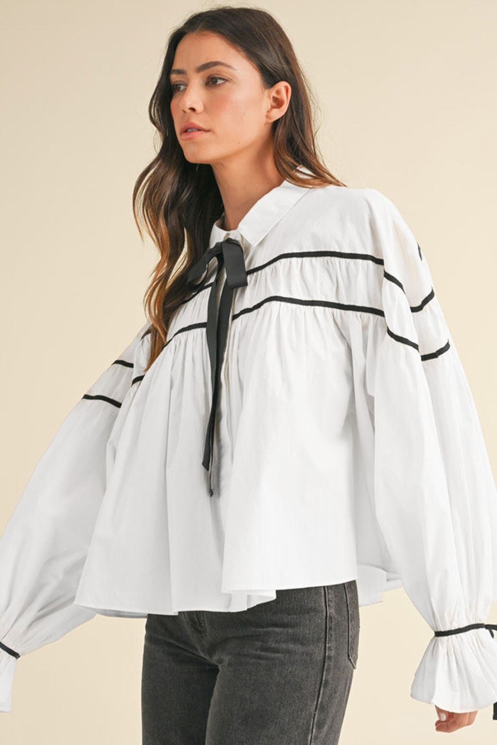 White Black Pipping Ribbon Bowtie Collared Ruffled Puff Sleeve Shirt - loveforevers